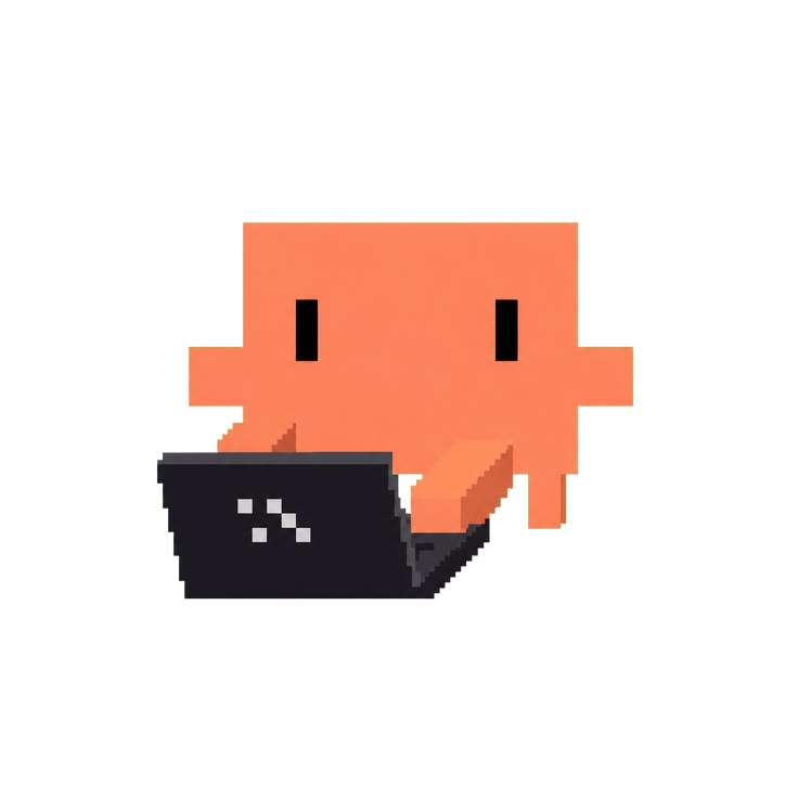 Mascote laranja em pixels criando em um notebook
